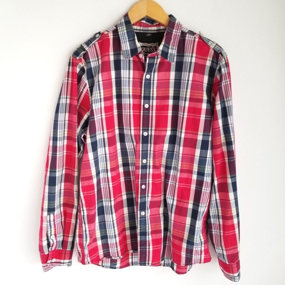 Guess Los Angeles Button Up Shirt Mens L Long Sleeve Shoulder Tab Red Plaid